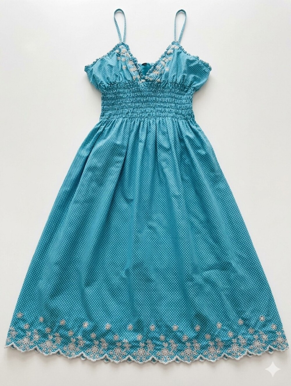 Women's  Turquoise Smocked Sundress with Floral Trim Sz S/M
